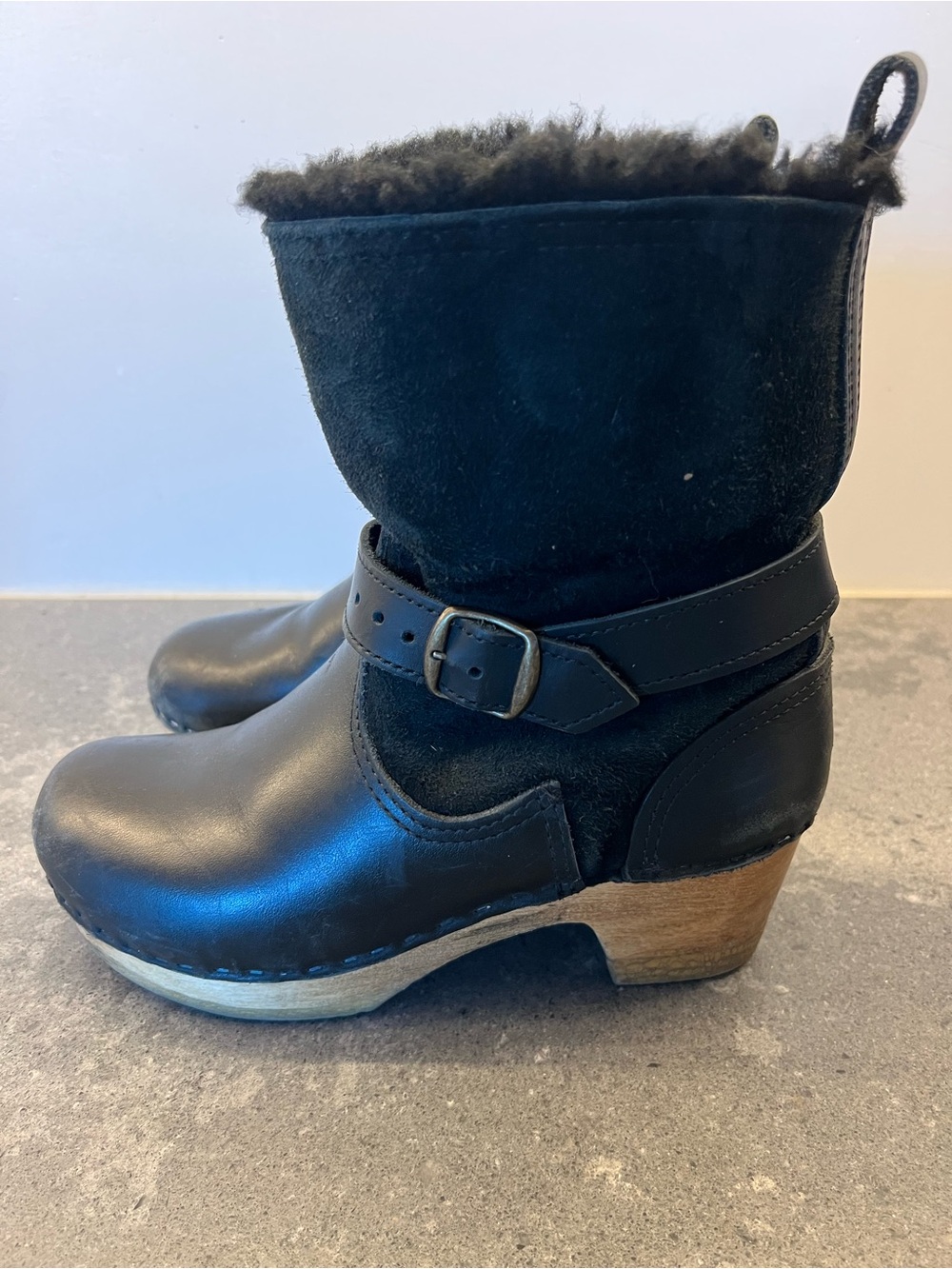 SVEN Women’s Black Suede & Leather Fur-Lined Clog Boot with Buckle